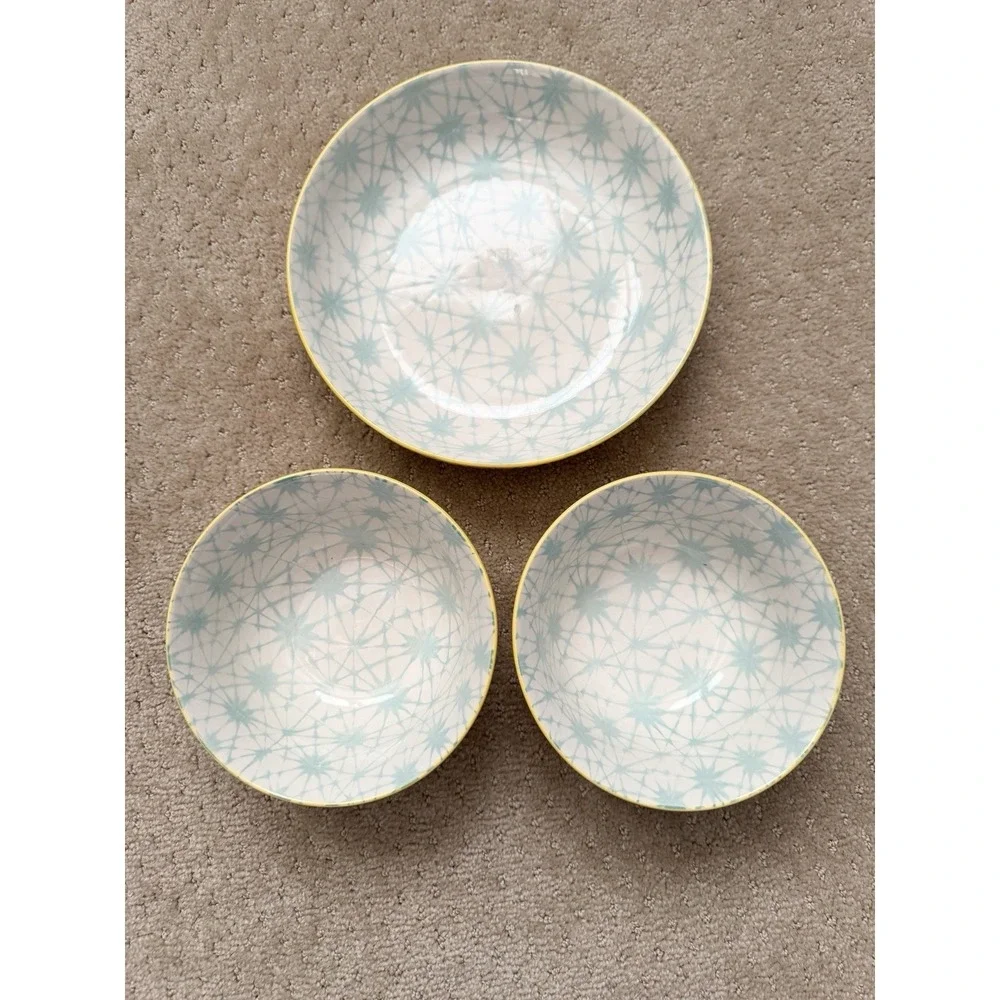 SIGNATURE Brand Embossed Yellow Teal Interior Design Ceramic Bowls (3 in Set)